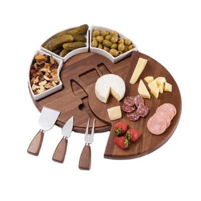 China Sustainable Upgraded Acacia Cheese Cutting Board Set Acacia Wood Charcuterie Board Set Cheese Serving Tray for sale