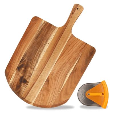 China Sustainable Acacia Wood Pizza Board With Cutter Paddle Board Tall For Homemade Pizza for sale