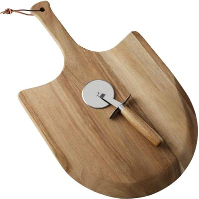 China Sustainable Customized Natural Acacia Wood Pizza Skin Paddle Pizza Board And Cutting Board With Handle for sale