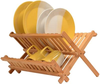 China Sustainable 2 Tier Eco-Friendly Bamboo Kitchen Cooking Tools Utensils Collapsible Rack Drying Rack for sale