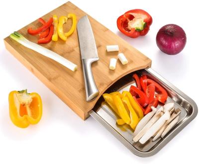 China Sustainable Bamboo Cutting Board with Containers Sliding Stainless Steel Tray Drawer Bamboo for Easy Kitchen Waste Disposal and Food Prep for sale