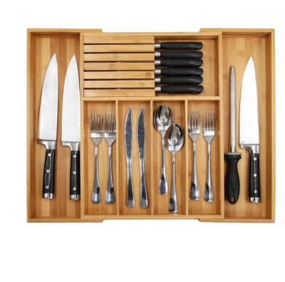 China Sustainable Expandable Bamboo Drawer Organizer Kitchen Wood Utensil Silverware Organizer Cutlery Tray for sale