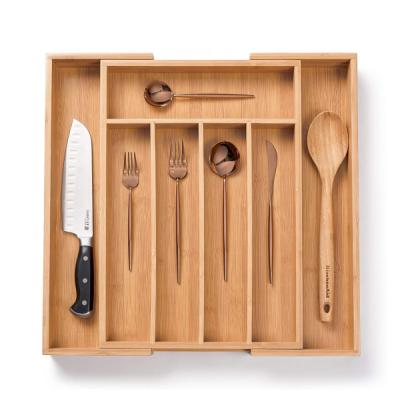 China Kitchen Silverware Drawer Organizer Utensil Cutlery Organizer Multifunctional Expandable Bamboo Tray for sale