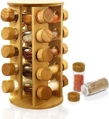 China Sustainable Extra Large Bamboo Spice Organizer Set Rotating Spice Rack with 20 Jars Kitchen Spice Rack for sale