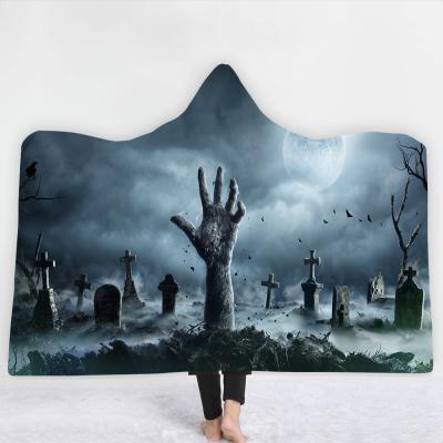 China Wearable 3D Printed Haloween Pattern Adult Hooded Blankets Soft Shear Dropshipping Blanket Wholesale Throw Home Textile for sale