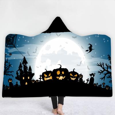 China Wearable 3D Printed Haloween Pattern Adult Hooded Blankets Soft Shear Dropshipping Blanket Wholesale Throw Home Textile for sale