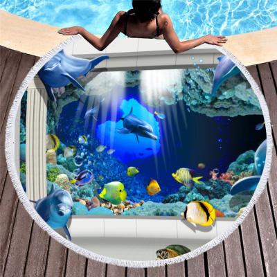 China Disposable Blue Ocean Round Beach Towel With Tassel Microfiber 100% Wholesale Drop Shipping for sale