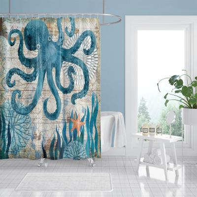 China Stocked Ocean Shower Curtain Polyester Fabric Bath Curtain Waterproof With Hook For Bathroom Wholesale Dropshipping for sale