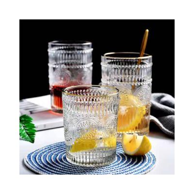 China Wholesale CLASSIC Reusable Etched Antique Embossed Glass Cup Retro Sunflower Glass Cups for sale