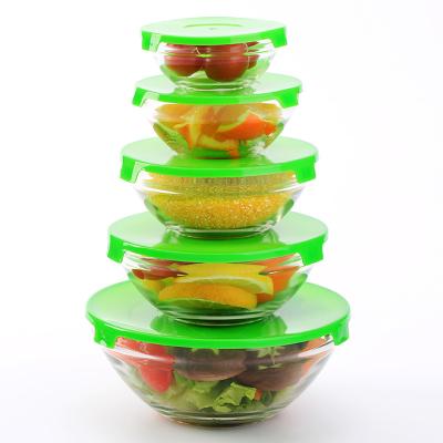 China 5Pcs Glass Bowl Set Sustainable Food Storage Container Glass Round Transparent Salad Bowls With Lids for sale