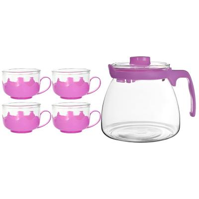 China Large Capacity Drinking Water 5 Pcs Stocked Glass Pitcher Set With Lid And Handle For Hot-Cold Water for sale