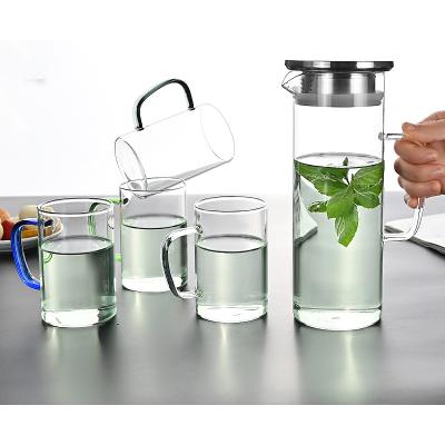 China Viable 5 PCs Borosilicate Glass Jug Drinking Water Jug Set Mug and Juice Jug Set With Printed Design Glass Lid for sale