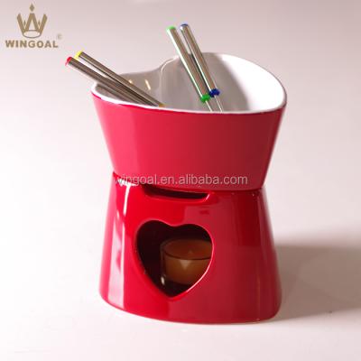 China Sustainable Shape Chocolate Ceramic Heart Fondue Set With Forks And Candle for sale