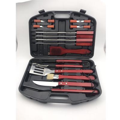 China YZ 18 Pcs Wood Handle Easily Cleaned Portable BBQ Tool Kit With Plastic Care Case for sale