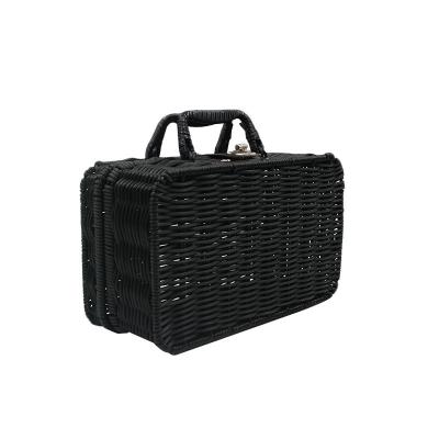 China Durable Black Rattan Woven Wedding Storage Box Portable Rust Proof Iron Frame Reinforced PP Woven Storage Box for sale