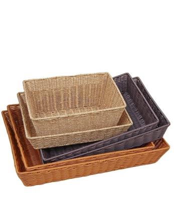 China Small rectangle supermarket storage basket brown plastic rattan fruit and vegetable basket display basket viable handmade durable bread basket for sale