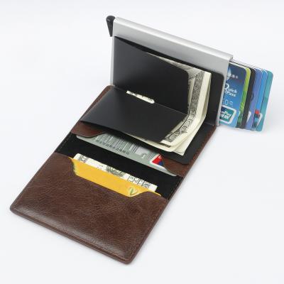 China Purely Handmade Factory Genuine Leather OEM RFID Slim Aluminum Blocking Pop Up Credit Card Holder for sale