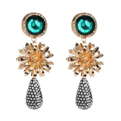 China TRENDY Fashion Gold Sunflower Alloy Green Earrings Water Drop Female Micro Inlaid Rhinestone Long Dangle Earrings For Women Retro for sale