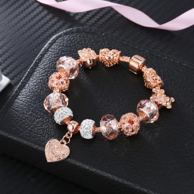 China Trendy Fashion DIY Rose Gold Love Heart Charm Bracelet for Austrian Crystal Bead Charm Ladies Bracelet for Women for sale