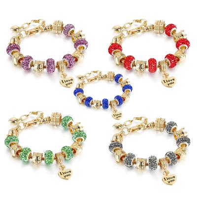 China Trendy Fashion Engraved I Love You Fancy Crystal Heart Beads Gold Plated Charm Bangle DIY Jewelry Bracelets For Women for sale