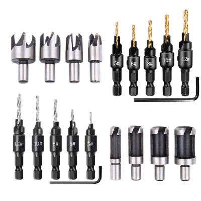 China Wood Drilling Cork Drill Bit Combination Tool Titanium-plated Hexagonal Woodworking Countersunk Shank Drill Bit Set for sale