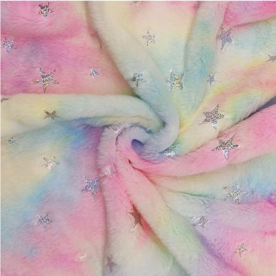 China Long Hair Soft Cashmere Rainbow Tie Dyed Home Textile Fleece Fabric With Star Pattern for sale