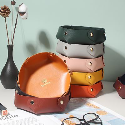 China Viable PU Leather Foldable Desk Jewelery Phone Wallet Sundries Storage Basket Main Tray Home Table Valet Tray Box for sale