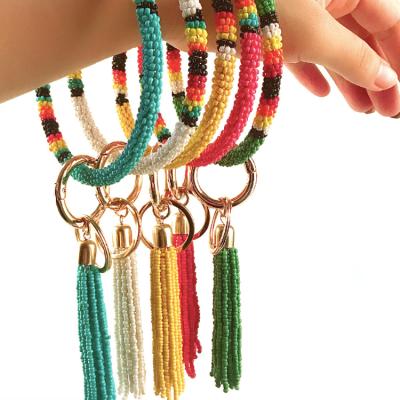 China Wholesale Bohemian Colorful Hip Hop Tassel Key Chain Seed Bead Bracelet Beaded Bracelet Key Chain for sale