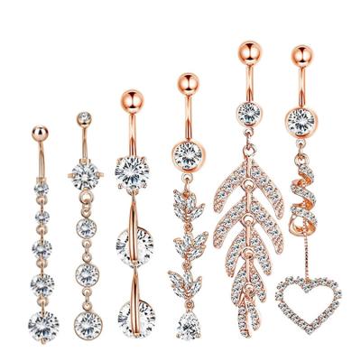 China FASHIONABLE Stainless Steel Clip On Belly Ring 6 Pieces Sets Navel Ring Piercing Jewelry Crystal Heart Dangling Long Navel for sale