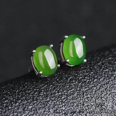 China Wholesale Fashionable Chic New Design Natural Stone Oval Earrings Charm Girls Green Jade Earrings Studs For Women for sale