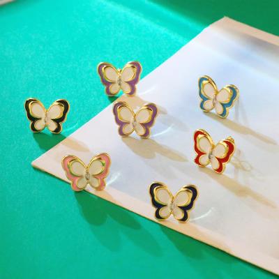 China Fashionable Wholesale Colorful Butterfly Earrings Oil Drip White Micro Women Diamond Enamel Earrings For Girl for sale