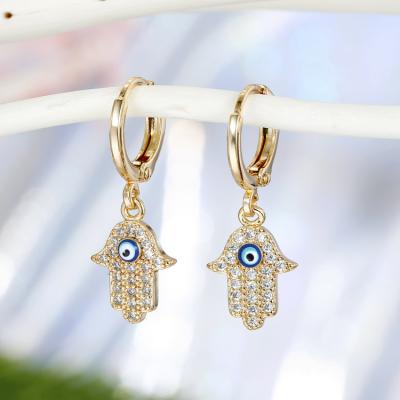 China Fashionable Hot Selling Blue Eye Earrings Jewelry Fatima Hand Crystal Diamond Hamsa Earring from Turkey for sale