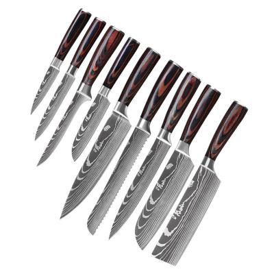 China Viable Kitchen Knife Set 9pcs Kitchen Knife With High Quality Stainless Steel Wooden Handle OEM Box Custom Logo Packing for sale