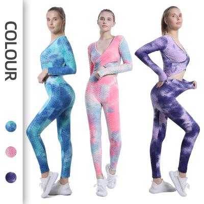 China Antibacterial yoga clothes cross high waist top to dye tying female yoga pants fitness yoga suit for sale