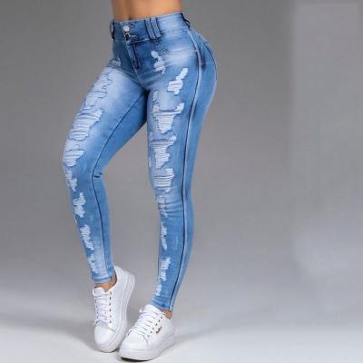 China Others Factory Outlet Womens Jeans Ripped Holes Slim Stretch Denim Womens Pants for sale