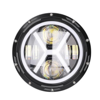 China Round 7 Inch LED Headlights Die-Cast Aluminum Housing With DRL Hi-Lo Halo Ring Angle Eyes Amber Turn Signal X Shape 75W Beam Driver Headlamp For Off Road for sale