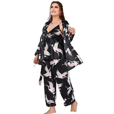 China 2022 new large size women's silk pajamas QUICK DRY ice silk home long dress suspender pants clothes three-piece set for sale