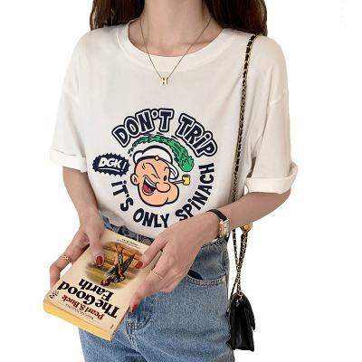 China 2022 Summer New Cartoon Print Breathable Loose Round Neck White Short Sleeve T-shirt Fashion Women Wear for sale