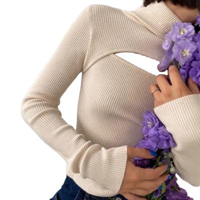 China 2021 Autumn New Women Solid Color Cavity Sweater Breathable Sexy High Neck Long Sleeve Thin Fitting Sweater for sale