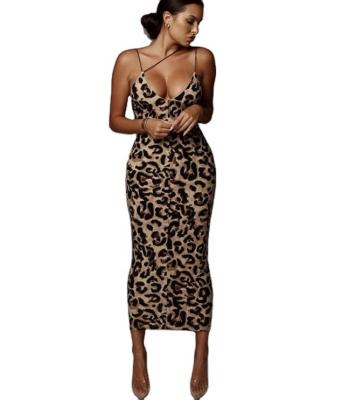 China 2022 new Anti-wrinkle women's leopard knitted backless dresses V-neck shoulder strap maids dress girls for sale