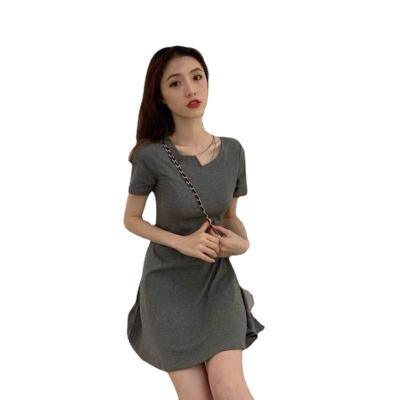 China 2022 new summer anti-static women's dress with irregular neckline dresses and narrow waist solid color dress girls for sale