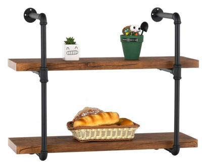 China (Size)Adjustable Industrial Wall Shelf 2 - Tier With Planks Wall Mount Iron Pipe Shelves Wood And Metal Frame Wall Bookcase Rack for sale