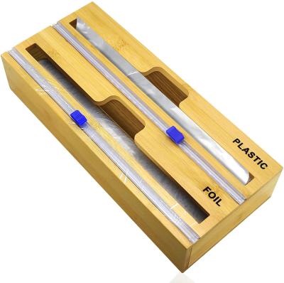 China Viable 2 in 1 Plastic Wrap Bamboo Wood Dispenser with Cutter, Foil and Wax Paper Organizer Dispenser for sale