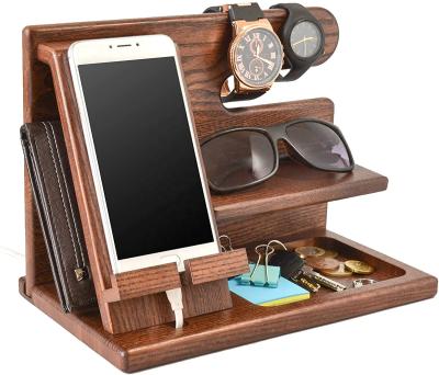 China 360 Degree Rotating Wholesale Custom Ash Key Holder Wallet Stand Watch Organizer Wood Phone Docking Station Men Gift for sale