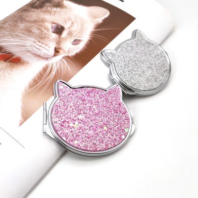 China Beautiful Foldable Hand Held Cat Metal Crafts Mirror Female Gift Metal Cat Mirror for sale