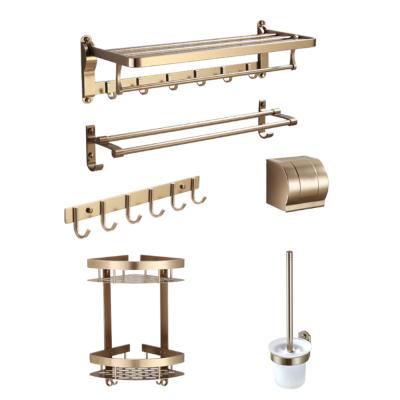 China Hot Sale Custom 6 Pcs Suit Gold Aluminum Wall Mounted Bathroom Accessory Stocked Set for sale