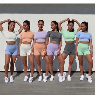 China Breathable Women Yoga Set Seamless Fitness Suit Sports Wear Solid Gym Clothing Sleeveless Crop Tops Tights High Waist Legging Workout Pants for sale