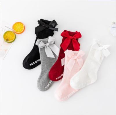 China New style 100% cotton color stocking socks QUICK DRY striped pure girls kids high socks with bows for sale