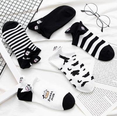 China Embroidery QUICK DRY Black And White Socks Female Ins. Socks Cute Cartoon Shallow Cow Summer Mouth Boat Striped Socks for sale