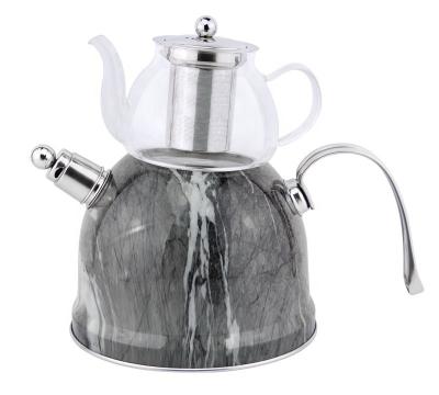 China HausRoland Double Stocked Stainless Steel Whistling Kettle Marble Glass Brew Coffee Teapot Set for sale